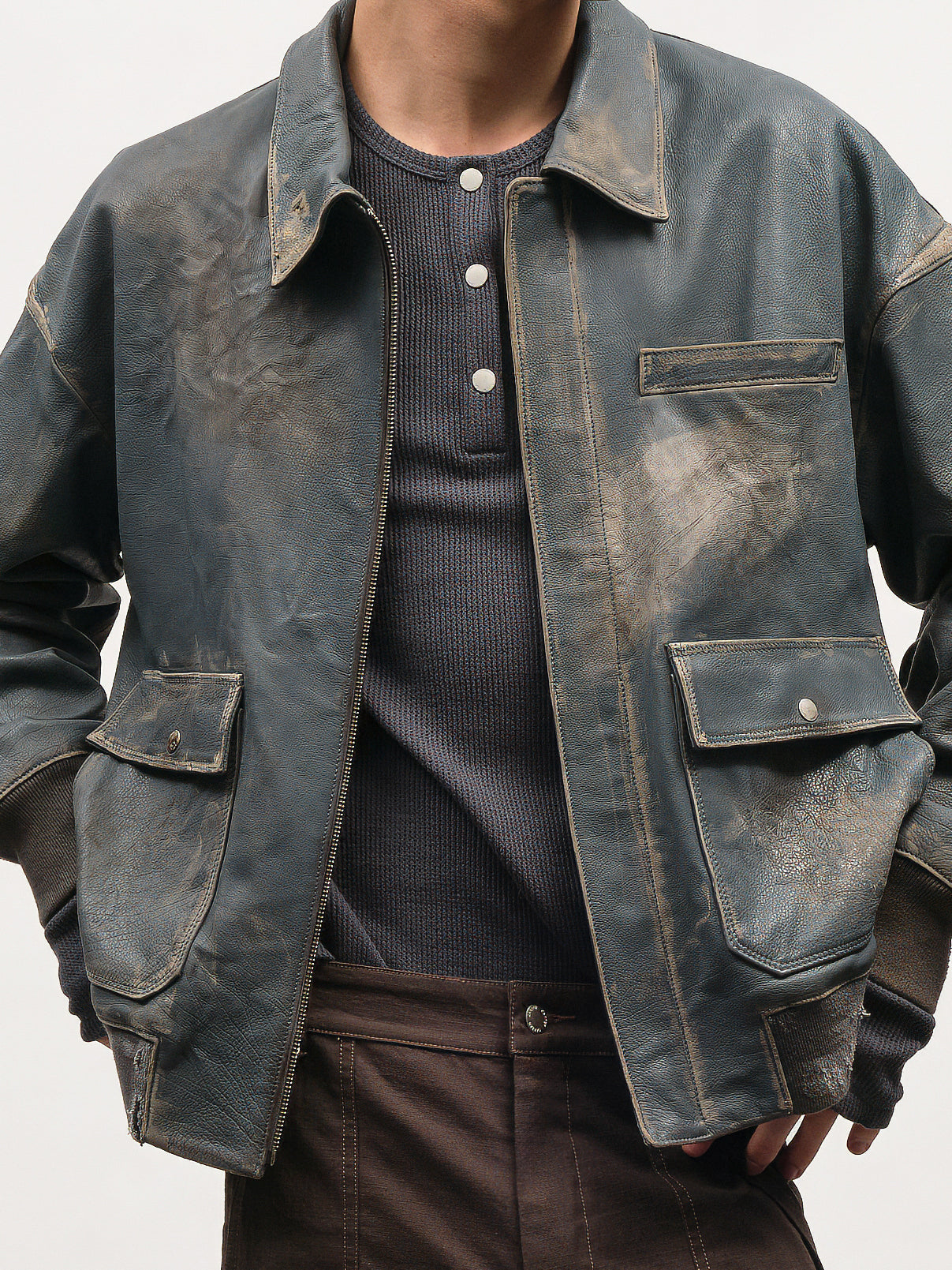 CARRER_CODA LEATHER JACKET HAND-DISTRESSED IN GRAY BLUE